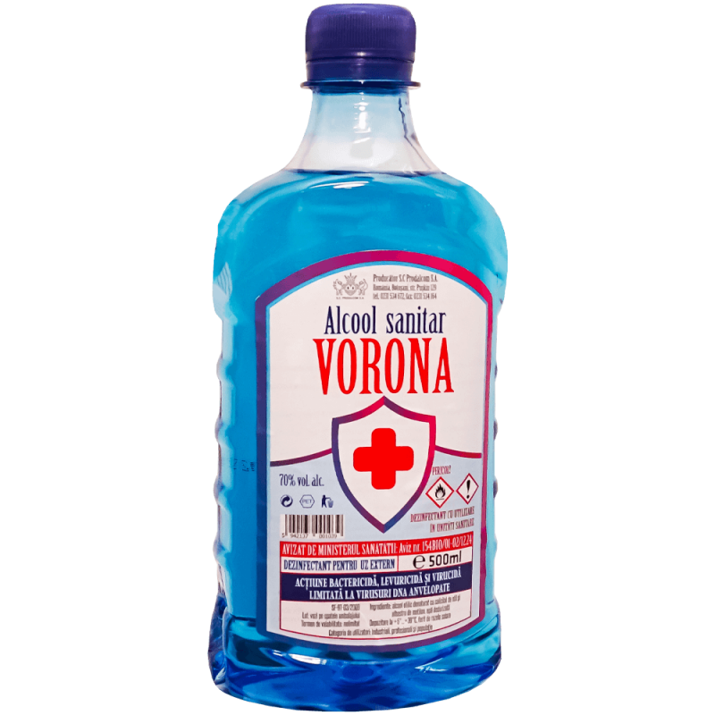 Alcool sanitar Vorona, cu efect antibacterian, concentratie 70% alc, 500 ML